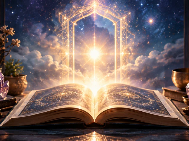 Livro aberto com portal luminoso simbolizando os Registros Akáshicos
