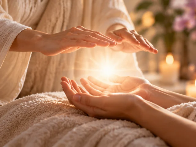 Mãos posicionadas em uma prática ilustrativa de Reiki