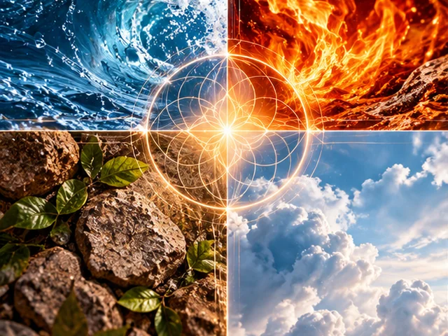 Representação visual dos quatro elementos: água, fogo, terra e ar