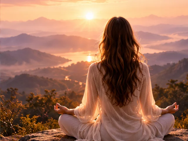 Mulher em meditação contemplando uma paisagem de montanhas
